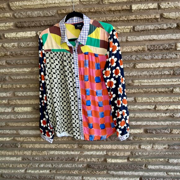 Maeve Anthropologie La Paz Contrast Patchwork Button Front Shirt Size Large NWT - Picture 9 of 11